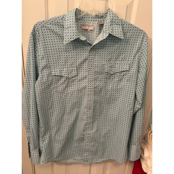 wrangler Other - Wrangler Wrancher Men Shirt Size L Turquoise Navy Blue Pearl Snaps